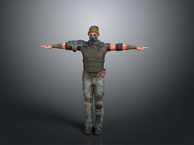 Game And Movie Tactical Character With Green Vest Mask Orange Arm Guards And Camouflage Pants 3d model