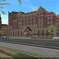 Commercial Street With Red Brick Buildings Clock Tower Multi Story Structures Parked Cars And Green Trees
