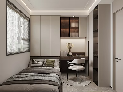 Modern Tatami Bedroom Interior With Bed Desk Chair And Built In Cabinets 3d model