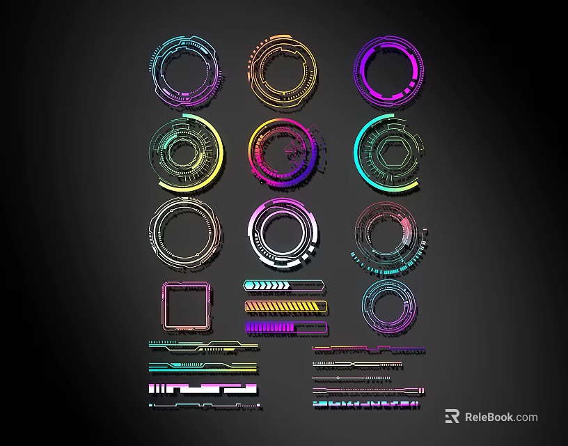 Colorful Abstract Lines With Various Geometric Shapes On Black Background Design Elements 3d model
