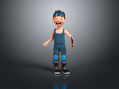 Cartoon Boy With Blue Overalls Goggles Mechanical Arm Blue Knee Pads Sneakers And Red Tool 3d model