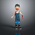 Cartoon Boy With Blue Overalls Goggles Mechanical Arm Blue Knee Pads Sneakers And Red Tool