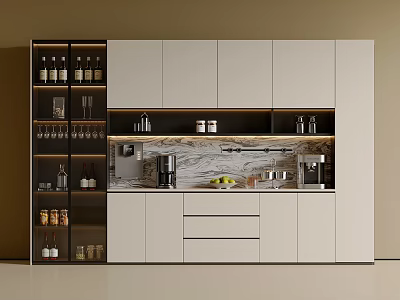 Modern Sideboard Design With White Cabinets Marble Countertop And Glass Display Shelves 3d model