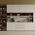 Modern Sideboard Design With White Cabinets Marble Countertop And Glass Display Shelves