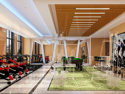 Modern Gym Interior With Red Black Exercise Bikes Green Pool Table And Spacious Workout Space 3d model