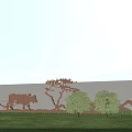Scenic Rural Landscape Featuring Ox Pulling Plow Wall Carving Trees Grassland And Blue Sky