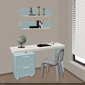 Kids Children's Desk with Chair Globe Book and Wall Shelves Near Window Blinds