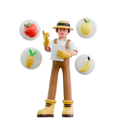 Farmer Man Standing With Paper Surrounded By Apple Pear Carrot And Banana 3d model