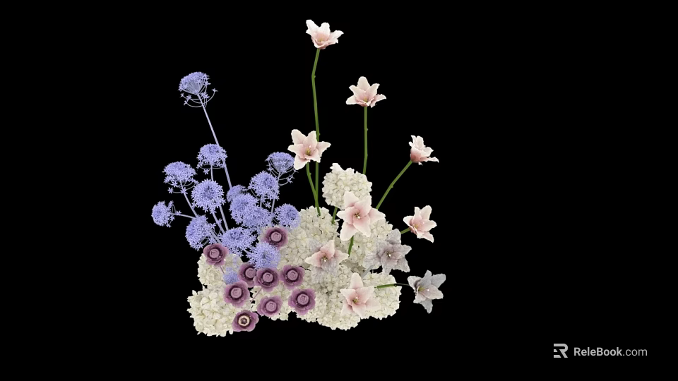 Colorful Floral Arrangement With Purple Pink White Blooms And Green Stems On Black Background 3d model 