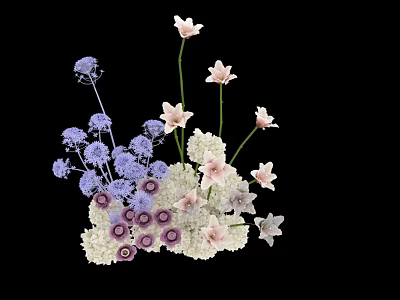Colorful Floral Arrangement With Purple Pink White Blooms And Green Stems On Black Background 3d model