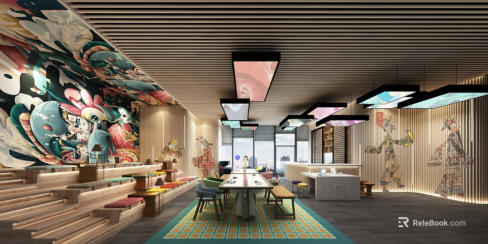 Modern Lounge Area With Colorful Seats Long Table Mural Art And Wooden Ceiling 3d model 