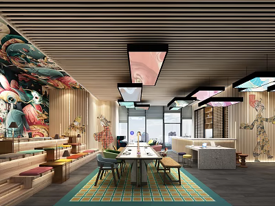 Modern Lounge Area With Colorful Seats Long Table Mural Art And Wooden Ceiling 3d model