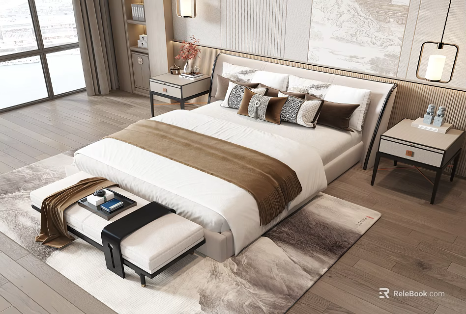 Modern Bedroom Interior With Double Bed Bedside Tables Bench And Decorative Rug 3d model