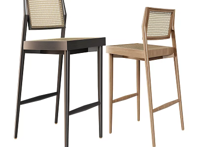Modern Bar Stools With Woven Back Design In Dark And Light Wood Tones 3d model