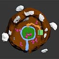 Low Poly Rocky Mountain With Snow Pink Trees Green Meadow Cabin Blue Waterfall and Clouds