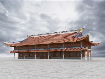 Traditional Chinese Ancient Architecture With Curved Eaves And Red Tiles 3d model