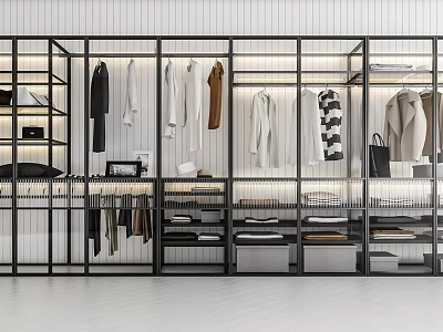 Modern Open Wardrobe Interior Design With Hanging Rods Shelves And Storage Drawers 3d model