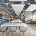 Modern Interior Dining Space With Long Tables Gray Chairs Blue Yellow Seating And Open Layout 3d model