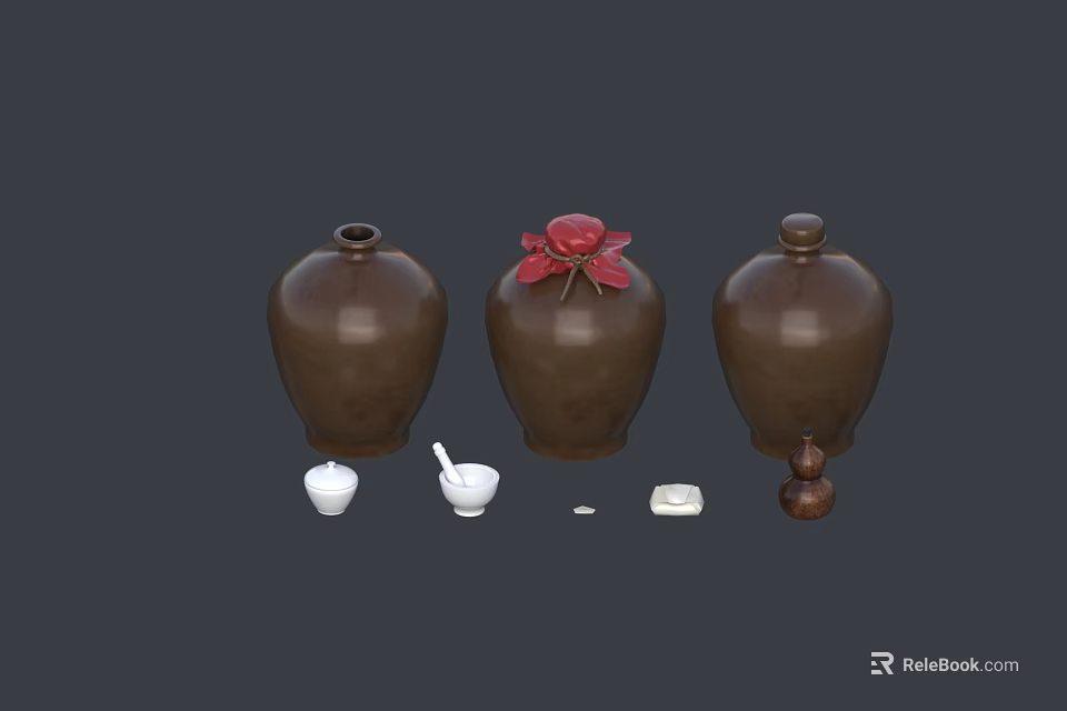 Three Brown Ceramic Vessels with Red Flower in the Middle and Small White Ceramic Items 3d model 