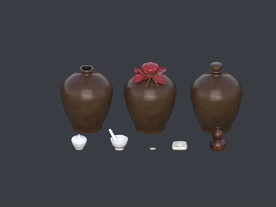 Three Brown Ceramic Vessels with Red Flower in the Middle and Small White Ceramic Items 3d model
