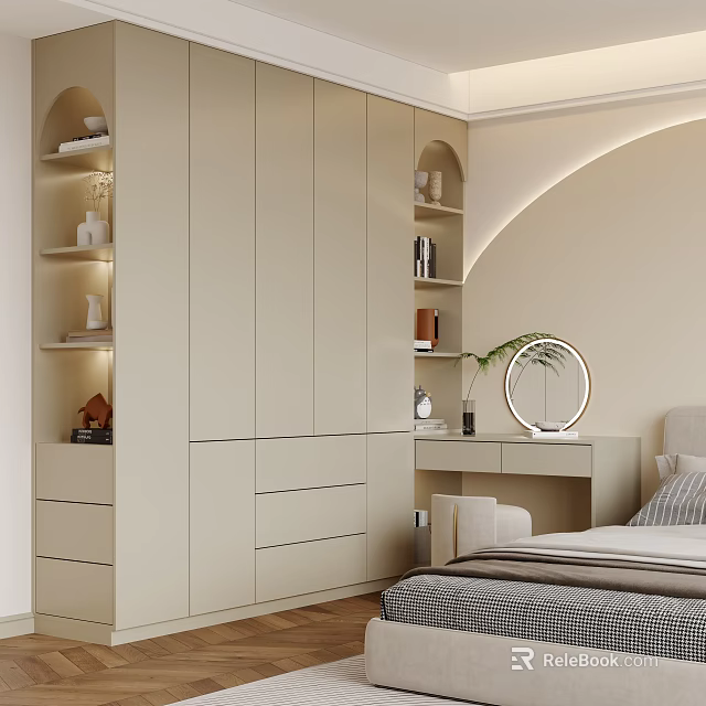 Modern Paneled Wardrobe Interior With Neutral Tones Dressing Table Mirror Shelves And Decorative Drawers 3d model 