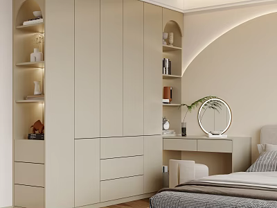 Modern Paneled Wardrobe Interior With Neutral Tones Dressing Table Mirror Shelves And Decorative Drawers 3d model