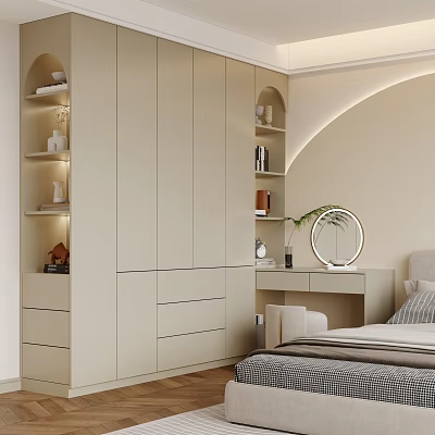 Modern Paneled Wardrobe Interior With Neutral Tones Dressing Table Mirror Shelves And Decorative Drawers 3d model