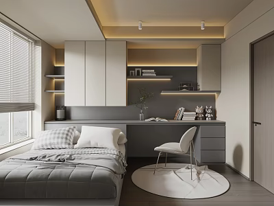 Modern Tatami Bedroom Interior Design With Bed Desk Chair And Cabinets 3d model