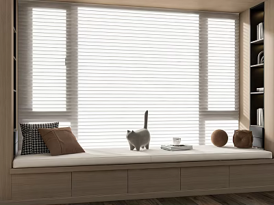 Cozy Minimalist Window Seat with White Blinds Pillows Cat Figurine Books and Wooden Shelves 3d model