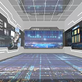 Modern Tech Exhibition Hall With Large Screens Data Visualization And White Interior Design 3d model