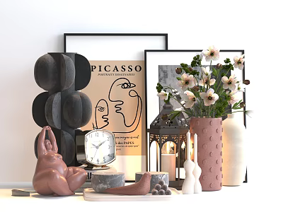 Abstract Sculptures Vintage Clock Flower Vase Lantern And Art Prints Decorative Ornament Set 3d model