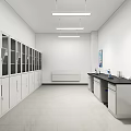 White Laboratory Long Corridor With Glass Cabinets Lab Benches Sinks And Wall Charts