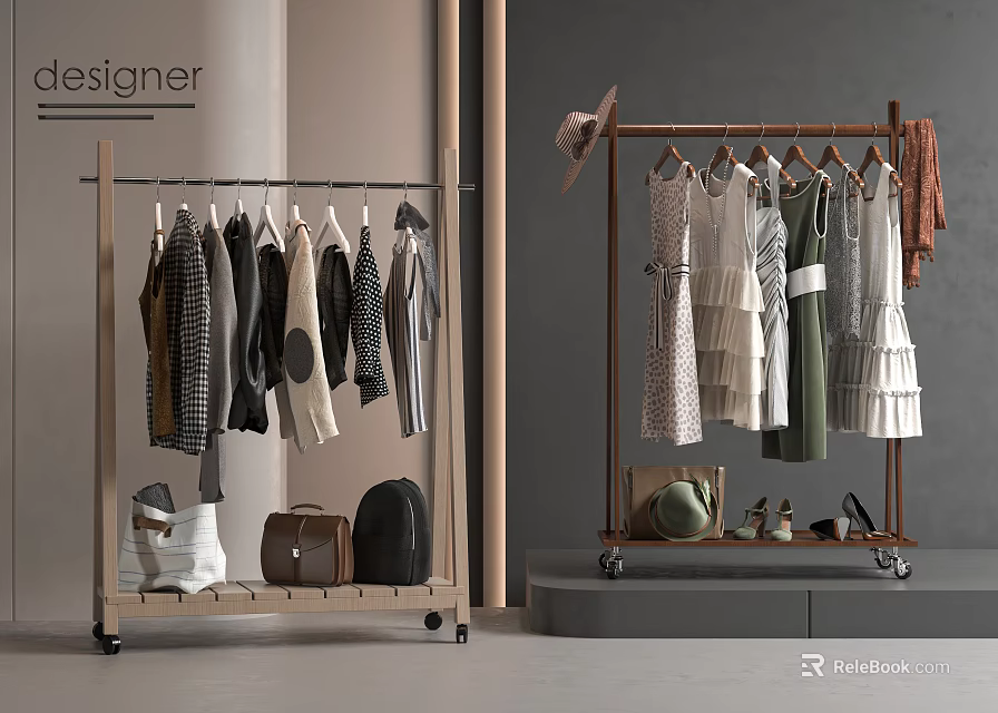 Stylish Modern Clothes Rack with Hanging Clothes Bags Shoes and Hat 3d model 