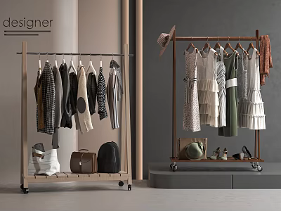Stylish Modern Clothes Rack with Hanging Clothes Bags Shoes and Hat 3d model