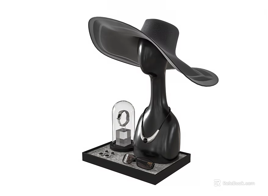 Stylish Black Wide Brim Hat Displayed On Mannequin With Glass Case Sunglasses And Black Base 3d model 