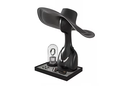 Stylish Black Wide Brim Hat Displayed On Mannequin With Glass Case Sunglasses And Black Base 3d model