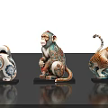 Colorful Ceramic Lion Monkey Tiger Statues With Intricate Decorative Patterns 3d model
