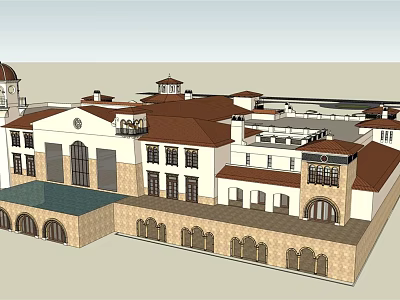 Traditional European Hotel Building With Red Roof White Walls Arched Windows And Courtyard 3d model