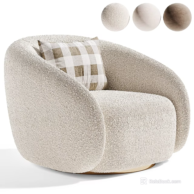 Comfortable Fluffy Beige Single Sofa With Curved Design And Plaid Pillow 3d model 
