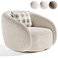 Comfortable Fluffy Beige Single Sofa With Curved Design And Plaid Pillow
