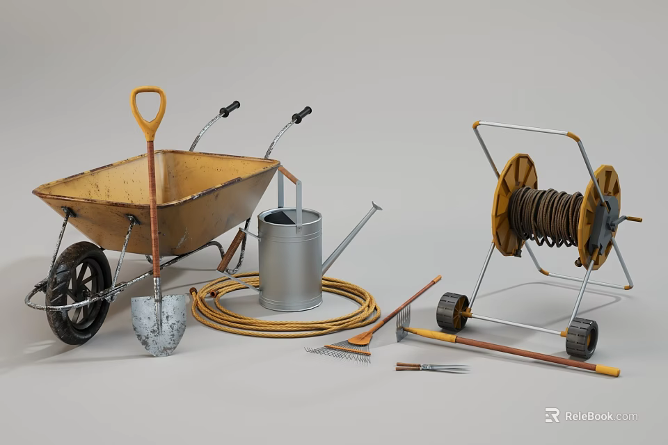 Heavy Duty Industrial Equipment With Wheelbarrow Shovel Watering Can And Hose Reel 3d model 