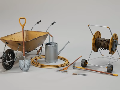 Heavy Duty Industrial Equipment With Wheelbarrow Shovel Watering Can And Hose Reel 3d model