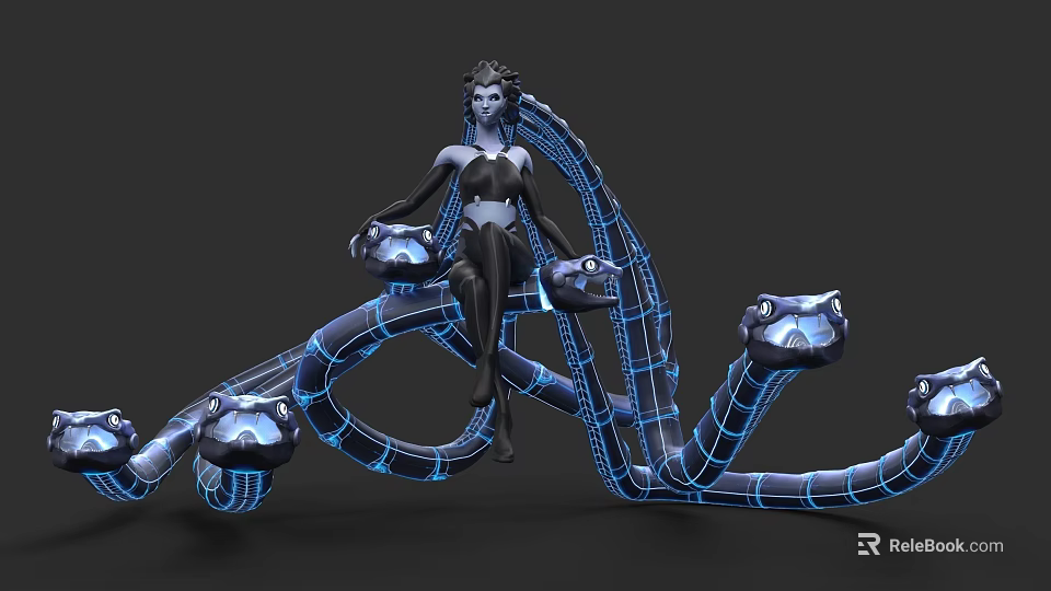Female Game Movie Character With Blue Glowing Mechanical Tentacles In Sci Fi Style 3d model 