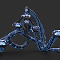 Female Game Movie Character With Blue Glowing Mechanical Tentacles In Sci Fi Style