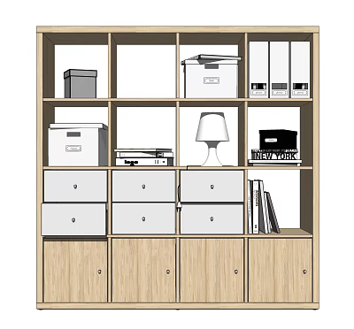 Wooden Bookcase with Drawers Cabinet Doors File Boxes Table Lamp and Books on Shelves 3d model