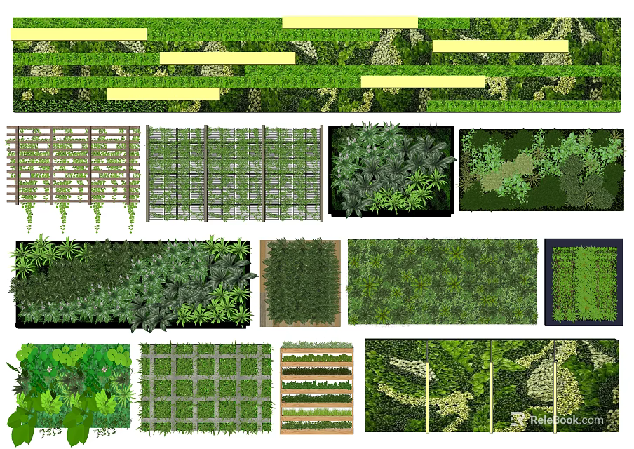 Different Living Plant Wall Design Styles With Grid Structures And Various Plants 3d model 