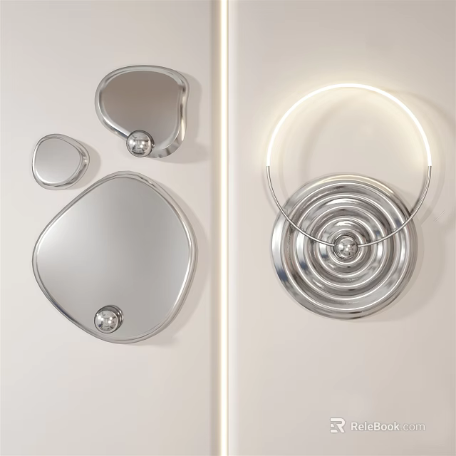 Modern Silver Geometric Wall Decor Featuring Mirror Elements And Circular Accents 3d model