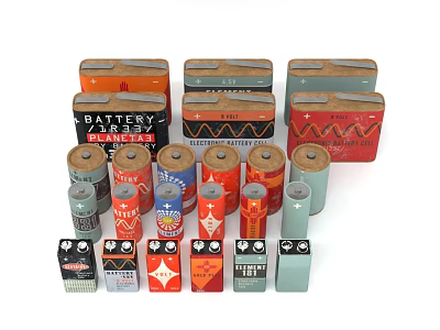 Household Electrical Appliances Featuring Various Colorful Batteries With Different Brands And Sizes 3d model