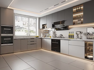 Modern Kitchen Interior With Gray Cabinets White Countertops And Built In Appliances 3d model