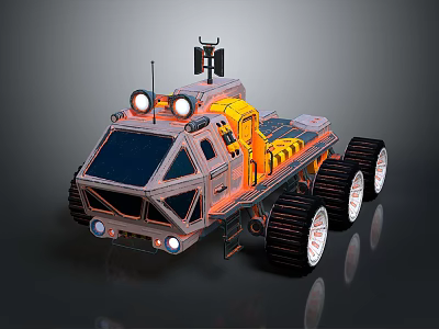 Six Wheeled Utility Vehicle With Large Off Road Tires Powerful Headlights And Roof Mounted Equipment 3d model